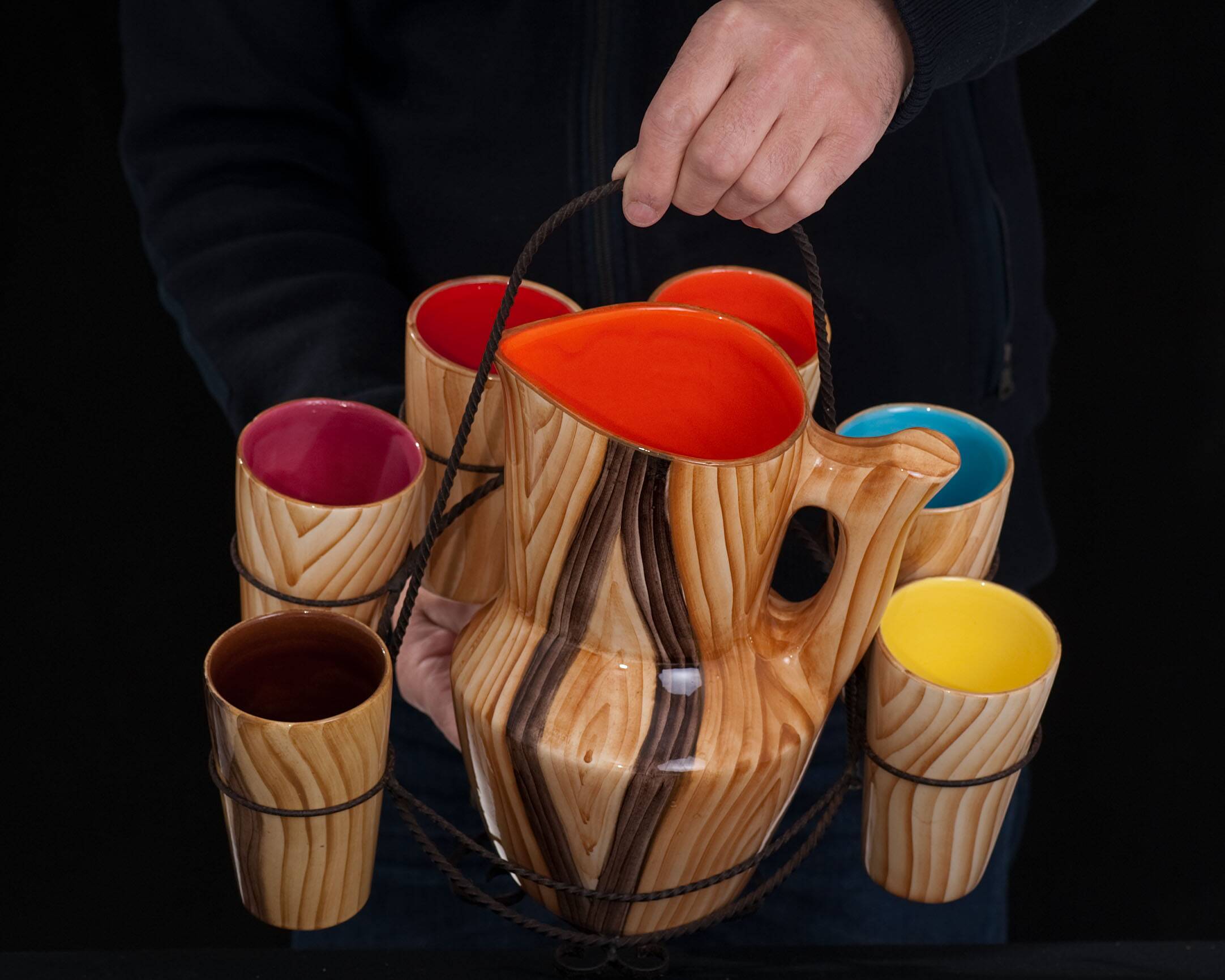 Orangeade service pitcher and 6 ceramic glasses faux wood and wrought iron Vallauris year 50/60