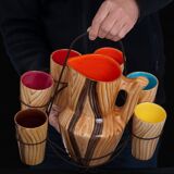 Orangeade service pitcher and 6 ceramic glasses faux wood and wrought iron Vallauris year 50/60