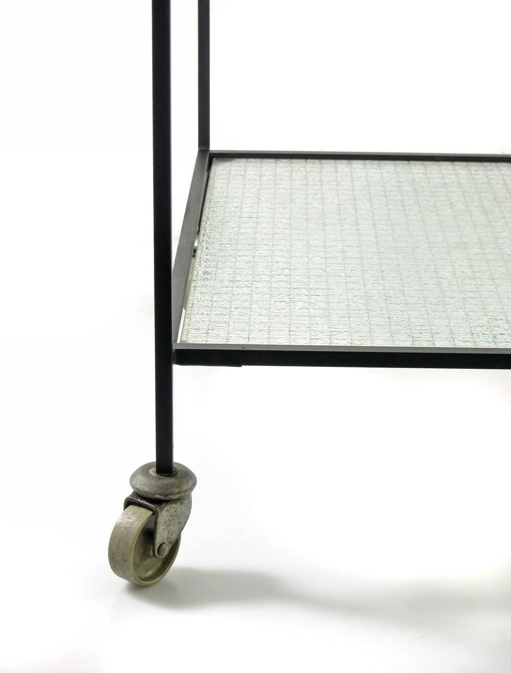 Minimal steel and wired glass sixties tea trolley