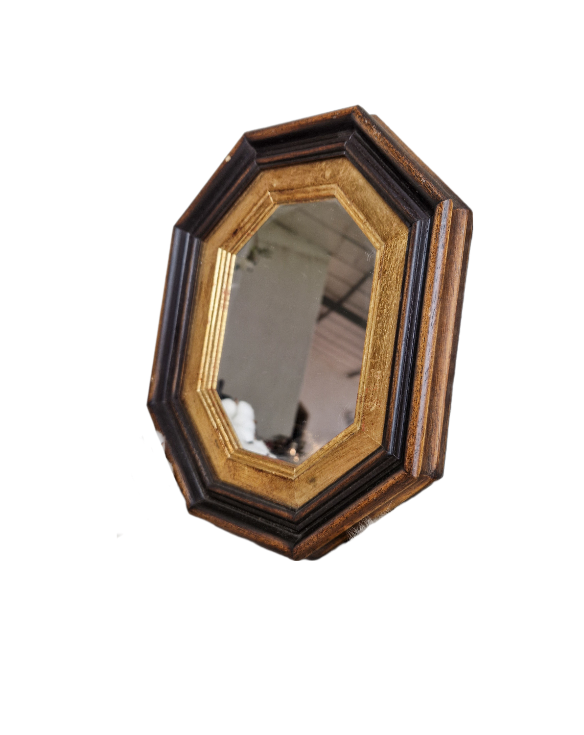 Miroir ancien en bois octogonal noir et doré