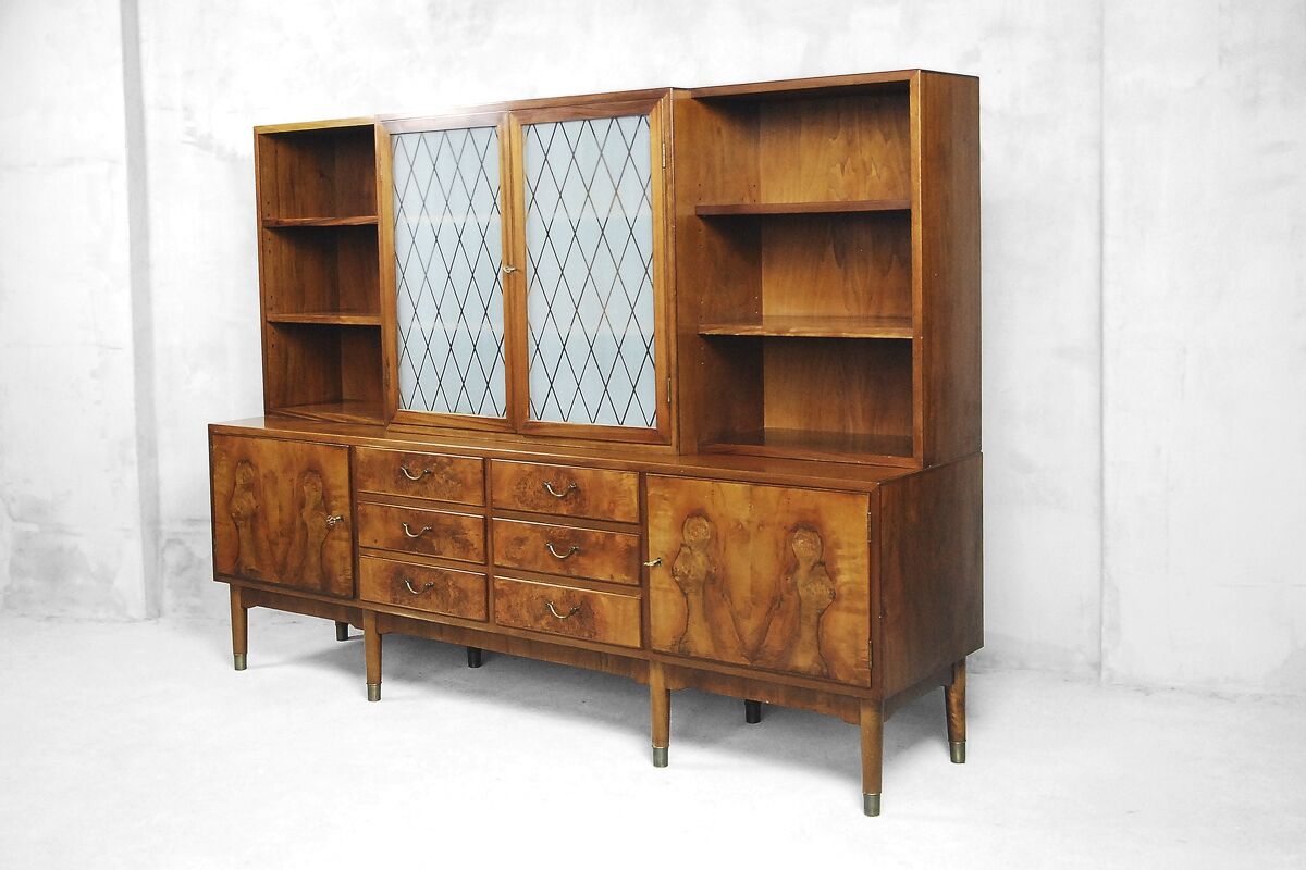 Antique Walnut and Burl Swedish Buffet with Glass Vitrine, 1940s
