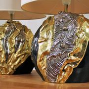 Pair of carved ceramic by Georges Deliège Belgique desk lamps