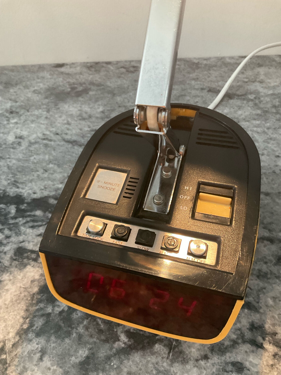Timco articulated desk lamp with alarm clock from the 1970s.