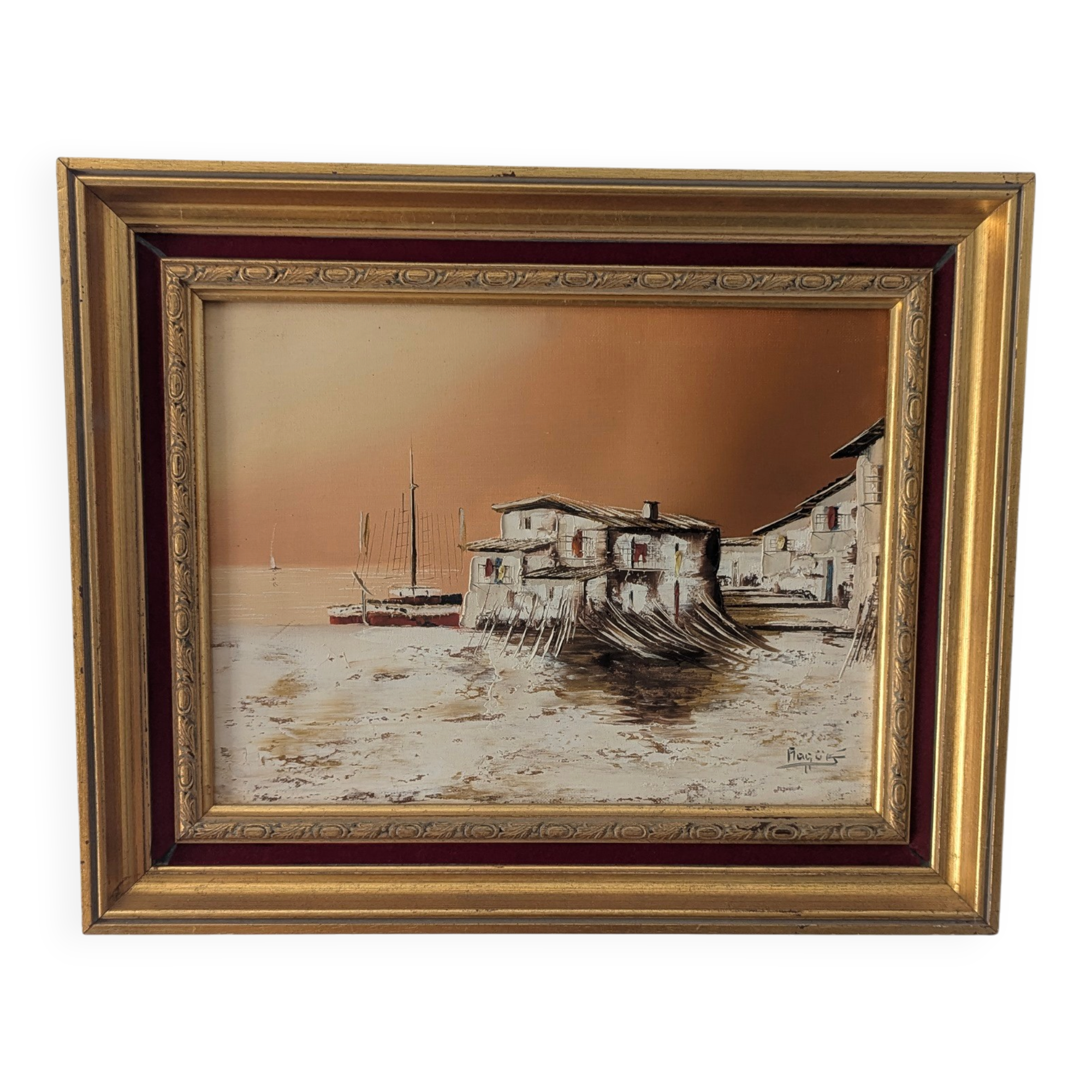 Peinture à l'huile vintage sur toile – Paysage de port et pêche – Signée No