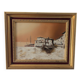 Peinture à l'huile vintage sur toile – Paysage de port et pêche – Signée No