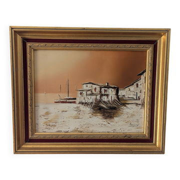 Vintage oil painting on canvas – Harbour and fishing landscape – Signed No
