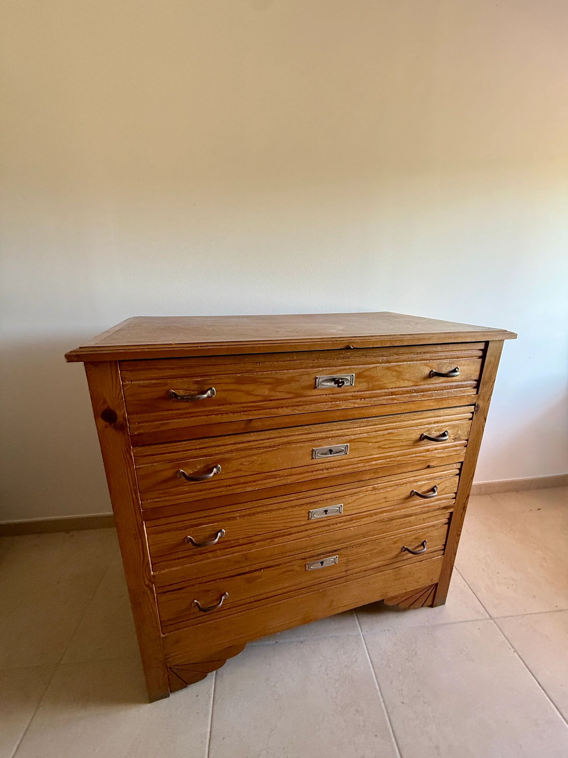 4-drawer chest in raw wood and chrome - art deco style
