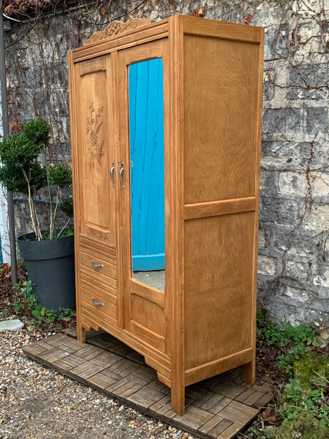 Parisian art deco hotel wardrobe in solid raw oak 1930