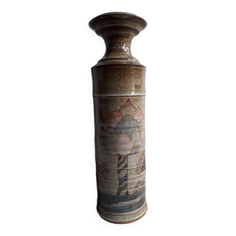 Large vintage stoneware vase with naive decor