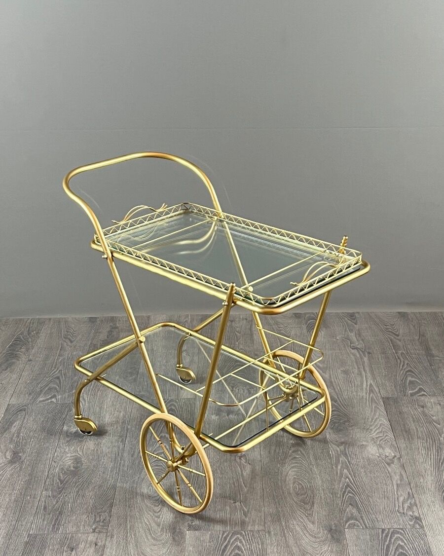 Rolling table cart in brass and glass, 20th century