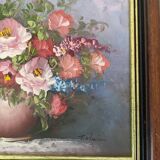 Peinture à l’huile vintage encadrée de fleurs par T. Hansen
