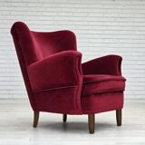 1960s, Danish armchair, cherry-red furniture velour, beech wood legs.