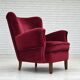 1960s, Danish armchair, cherry-red furniture velour, beech wood legs.