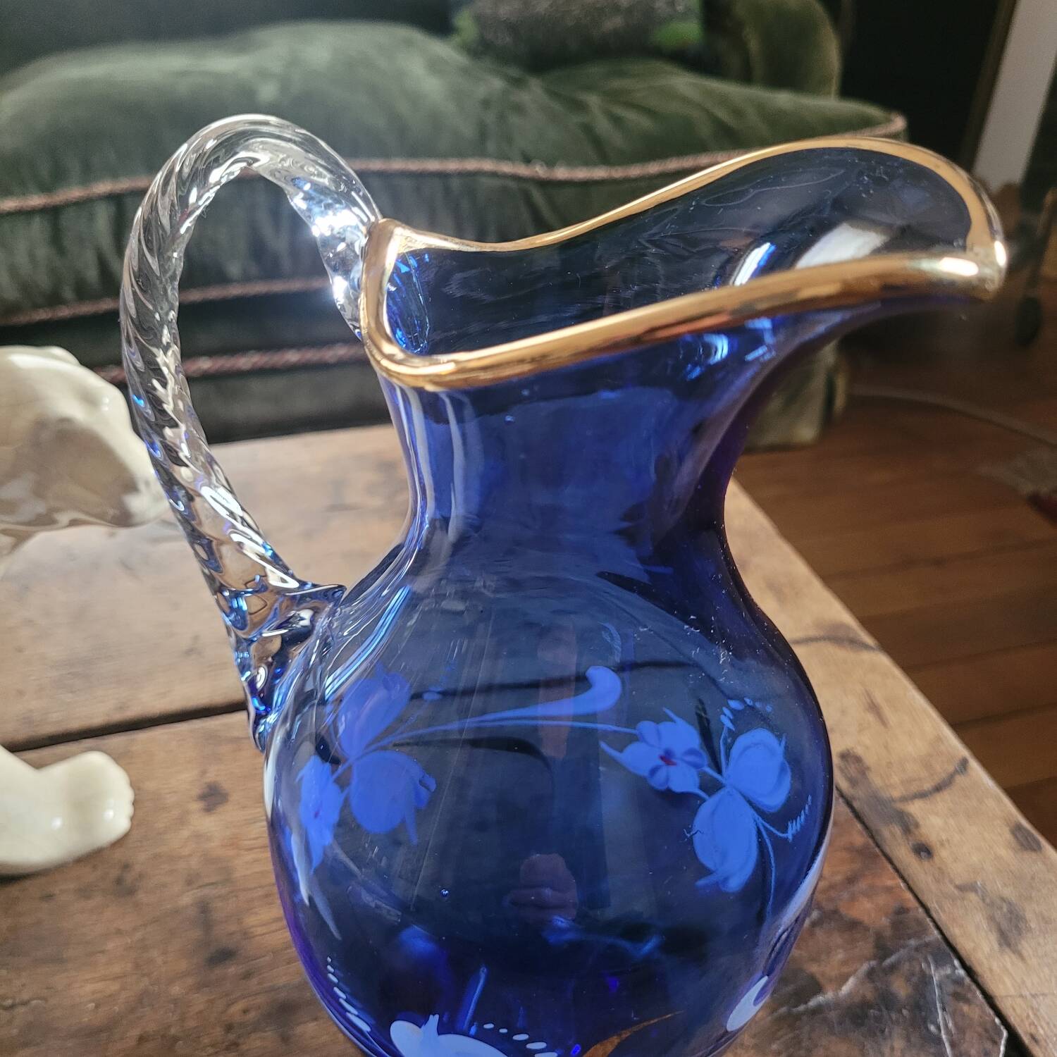 Hand-painted cobalt blue glass carafe – Bohemia – 1950s-1970s