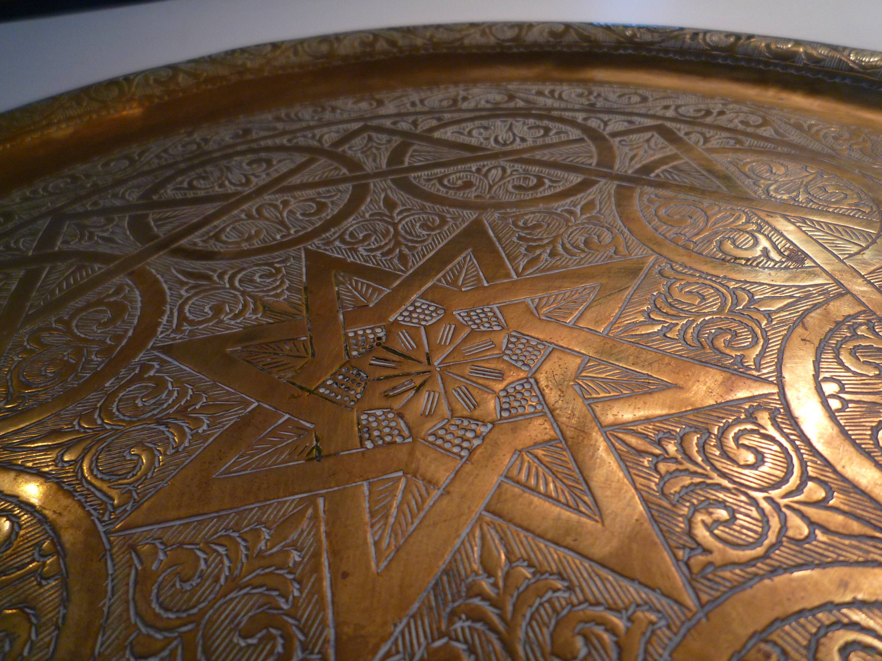 Old copper tray, chiseled, Moroccan