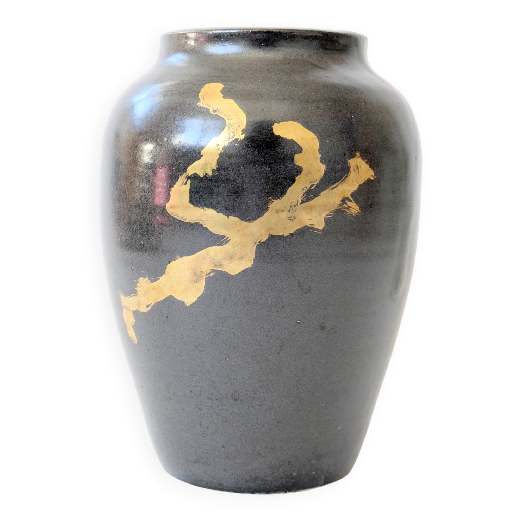Vintage ceramic vase, black and gold, Japandi style