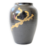 Vintage ceramic vase, black and gold, Japandi style