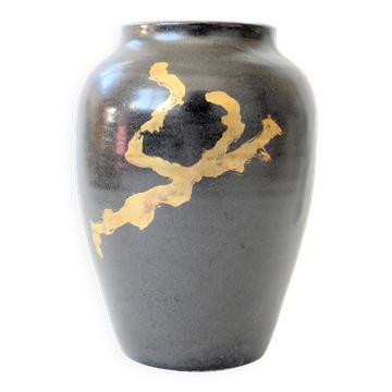 Vintage ceramic vase, black and gold, Japandi style