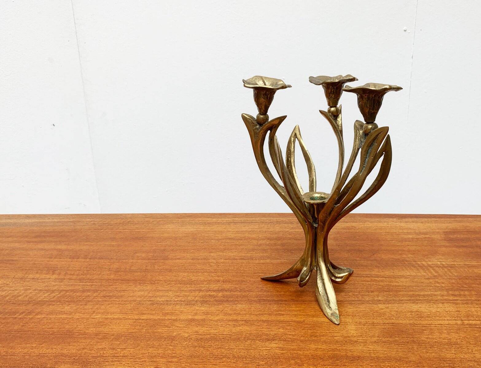 Vintage brutalist floral metal candlestick