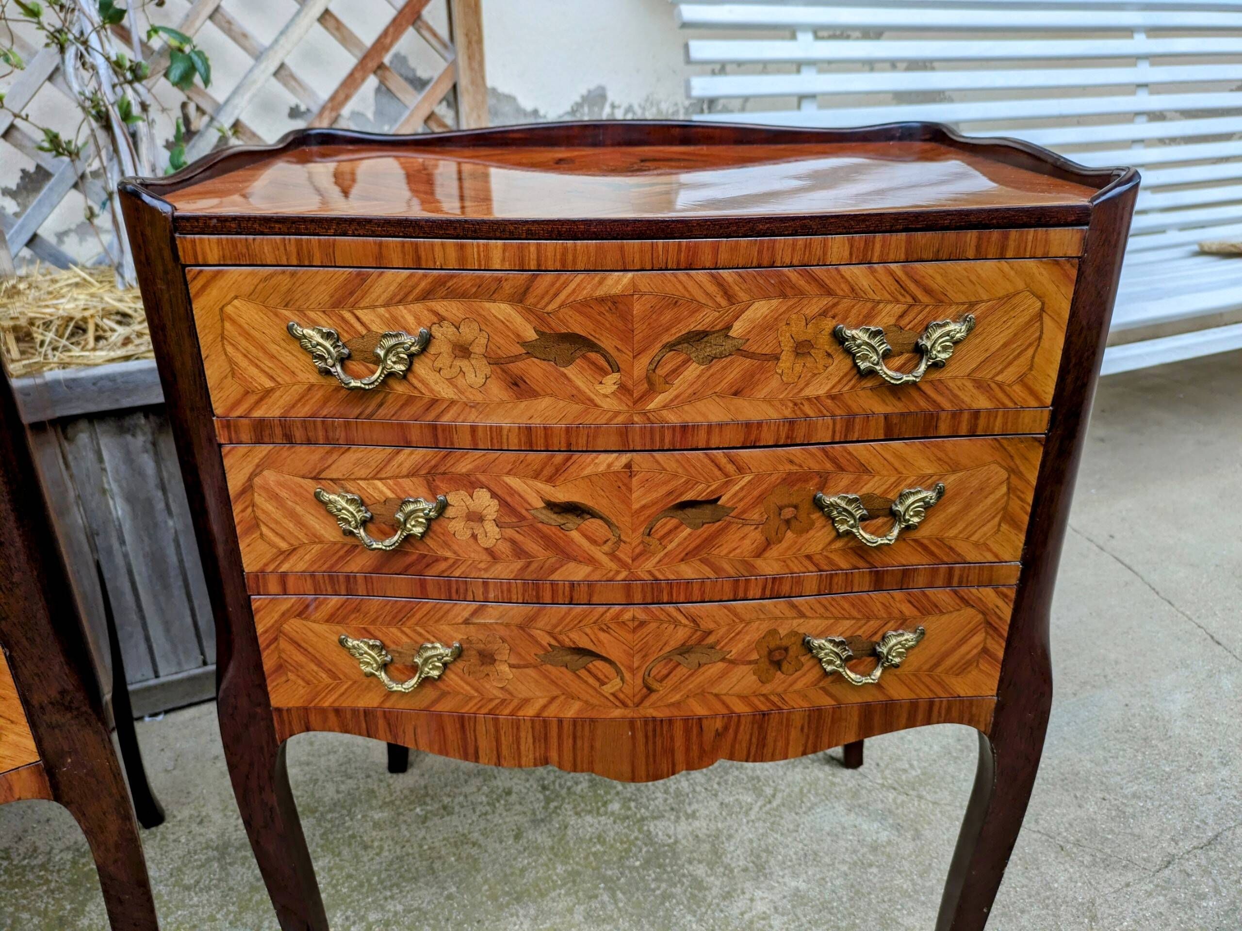Old pair of large bedside tables in rosewood marquetry Louis XV Style