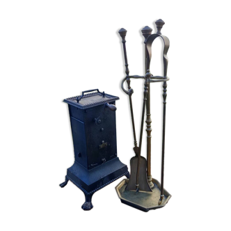 Magnifique ensemble : accessoires de cheminée en laiton + contene rare