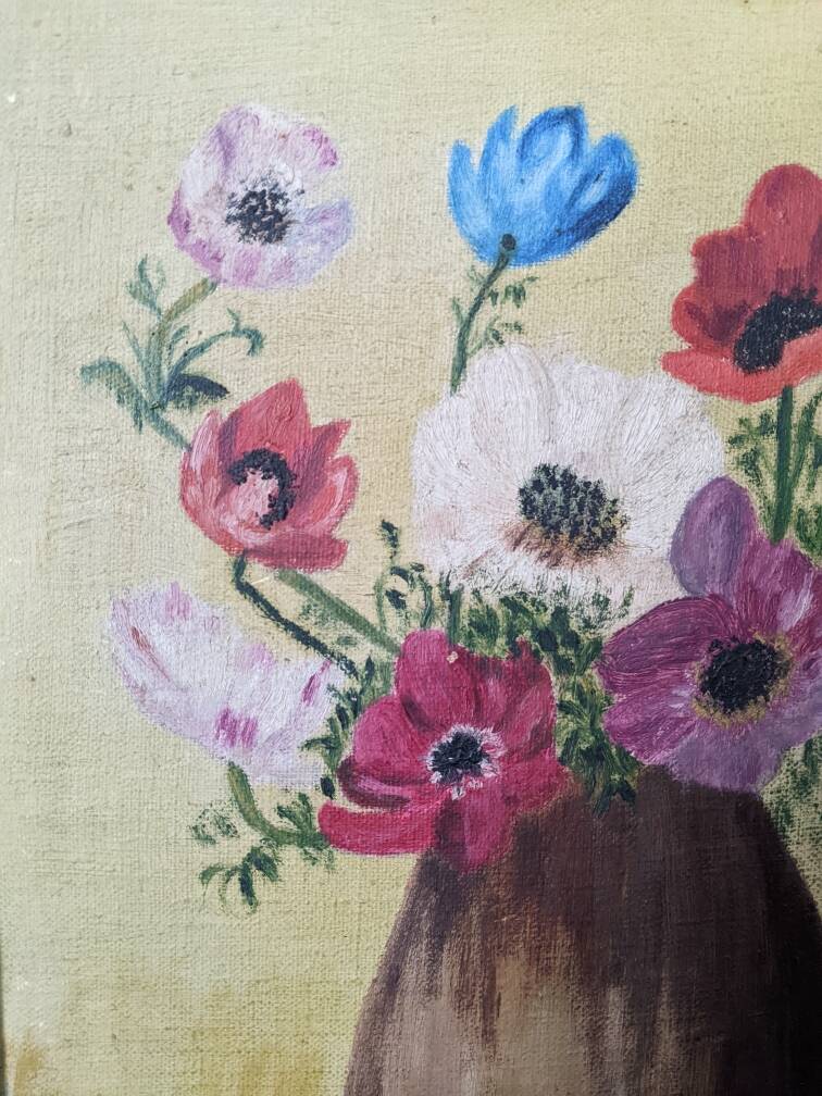 Acrylic painting on canvas, old still life, bouquet of flowers