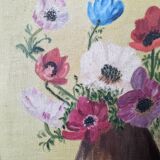 Acrylic painting on canvas, old still life, bouquet of flowers