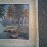 Painting landscape wood river signed