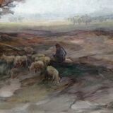 Pastoral Landscape Painting With Sheep and Shepherd