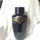 Grand vase en faience sarreguemines art nouveau bleu et or