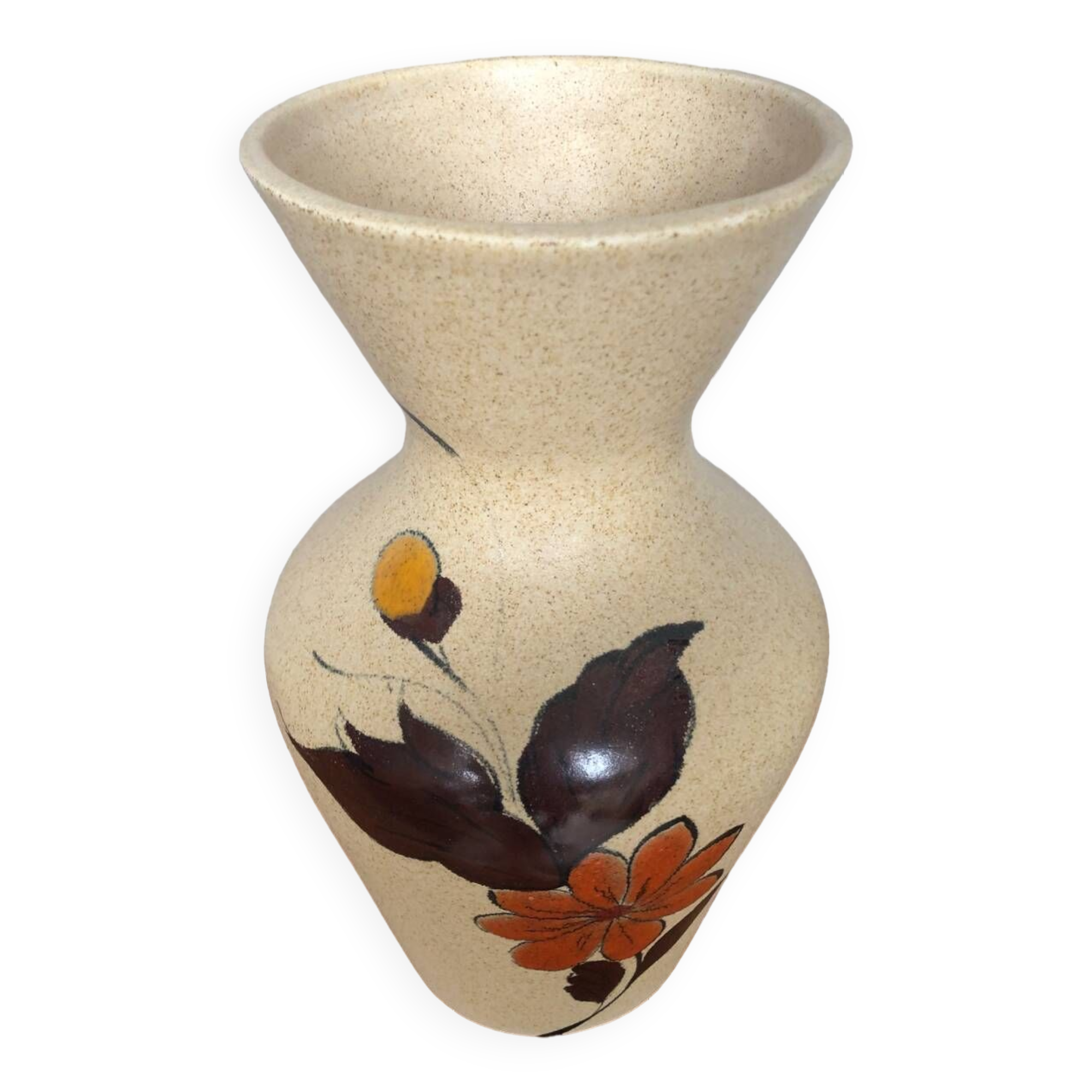 Ancien vase étrusque céramique beige décor fleurs émaillées