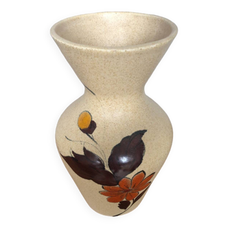 Ancien vase étrusque céramique beige décor fleurs émaillées