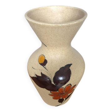 Ancien vase étrusque céramique beige décor fleurs émaillées