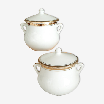 2 POTS WITH VINTAGE WHITE CONDIMENTS + GOLD in Porcelain