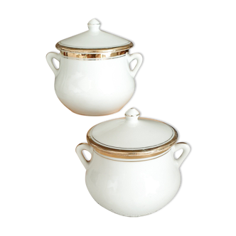 2 POTS WITH VINTAGE WHITE CONDIMENTS + GOLD in Porcelain