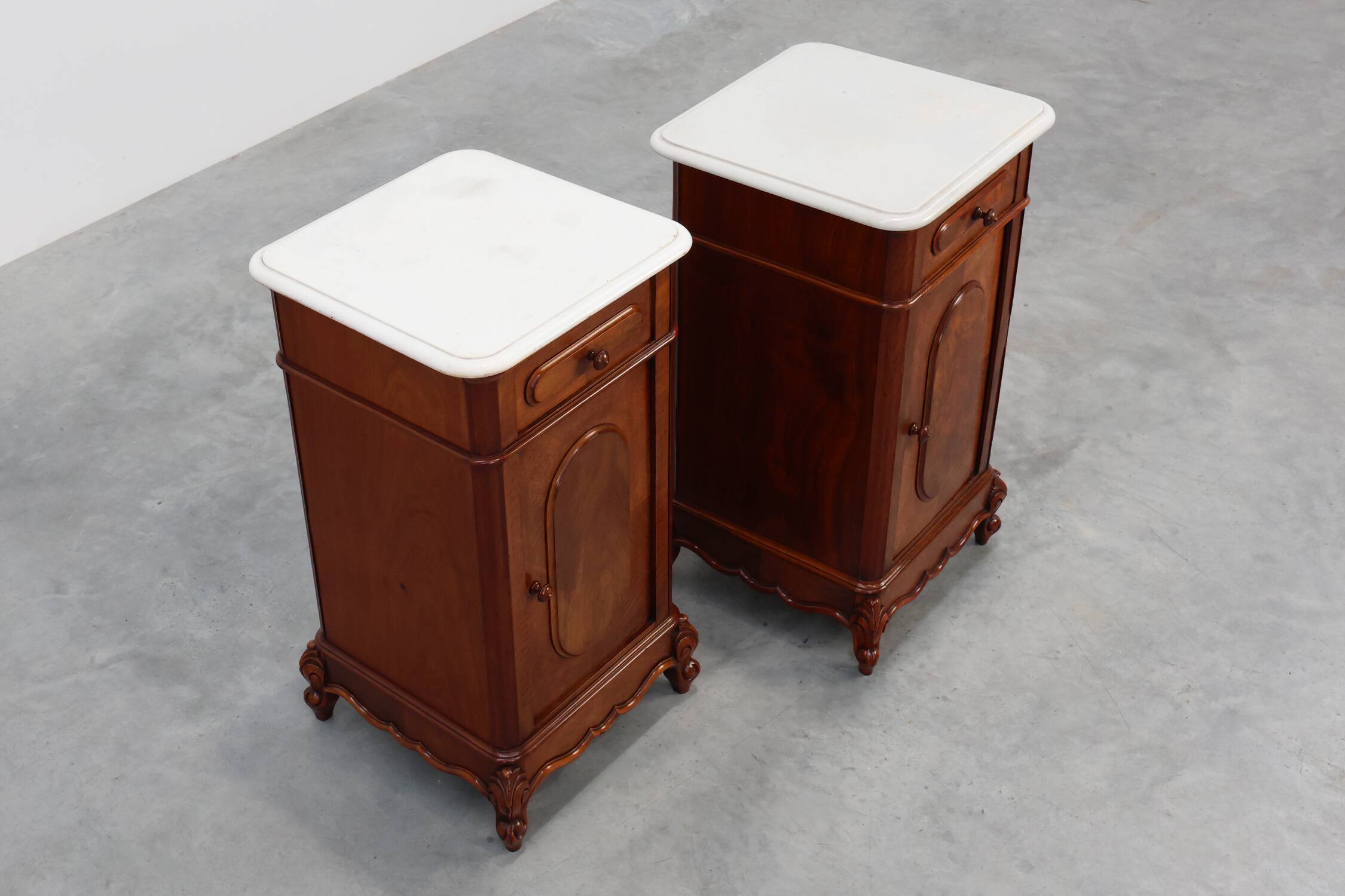 Pair Louis XV nightstands with Carrara marble top, France ca. 1890