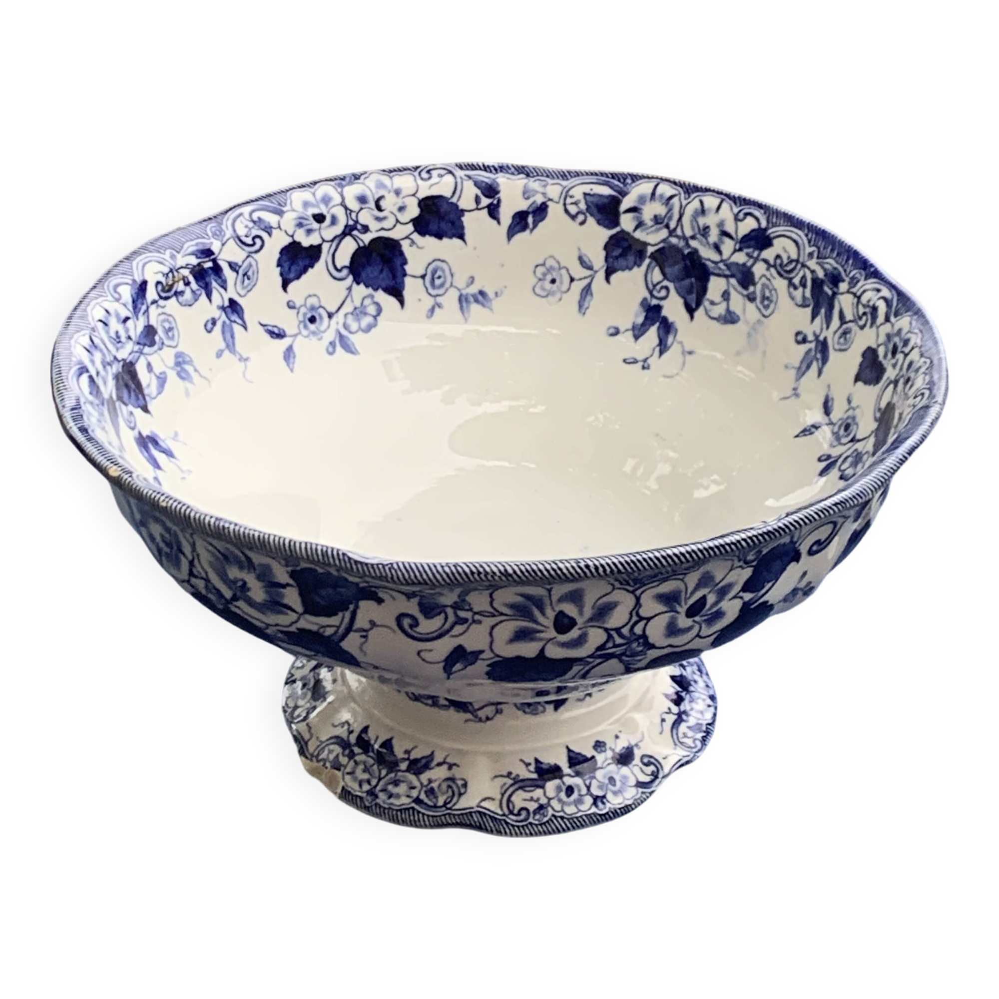 Antique salad bowl, Creil and Montereau, in earthenware, Flora model with blue bindweed, 19th century