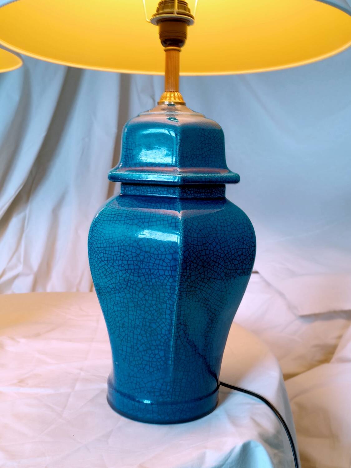 2 blue crackle ceramic desk lamp bases, 1950s