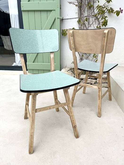 Set of 2 wooden and water green Formica chairs