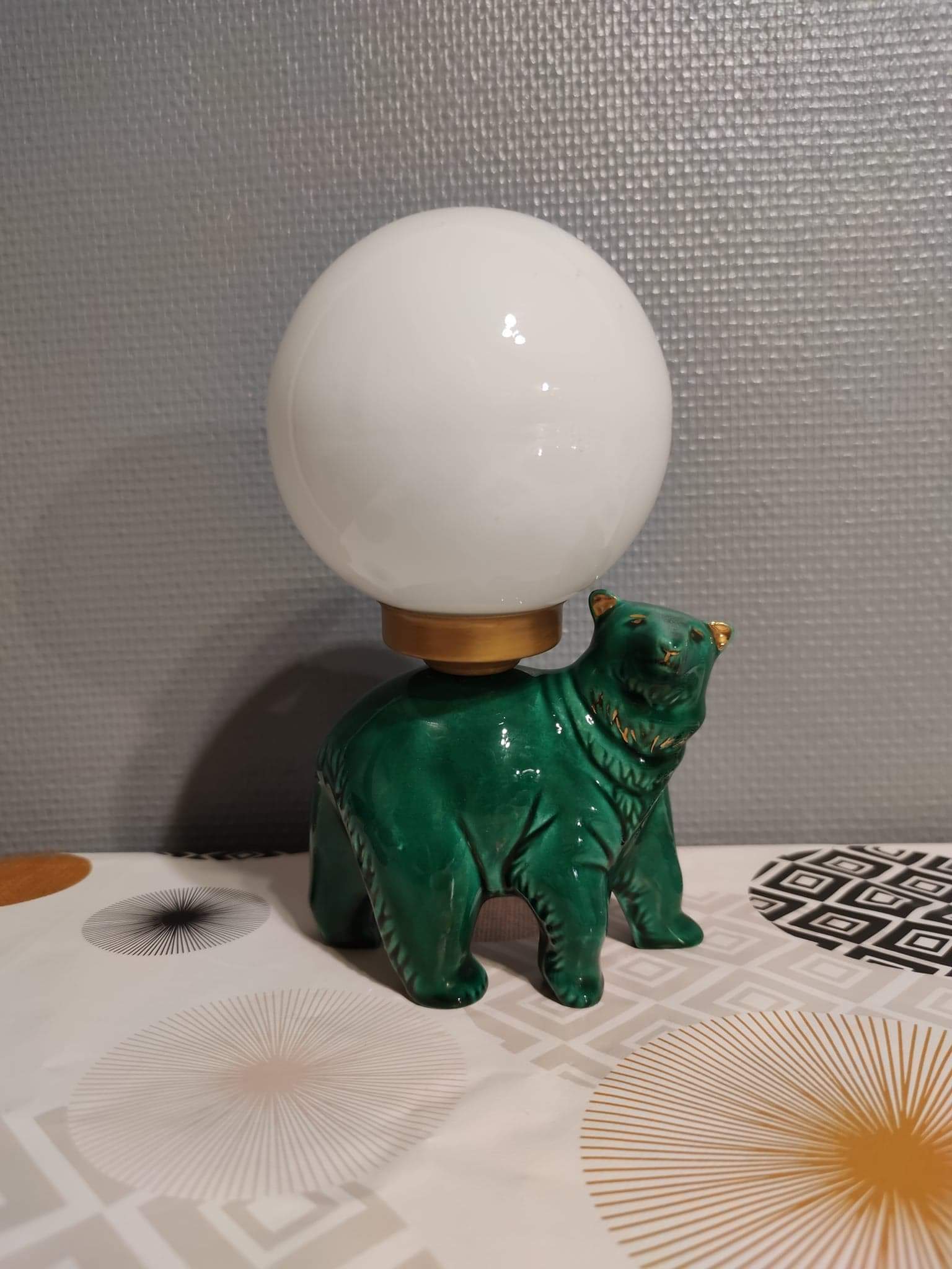 Green ceramic bear lamp and white opaline globe