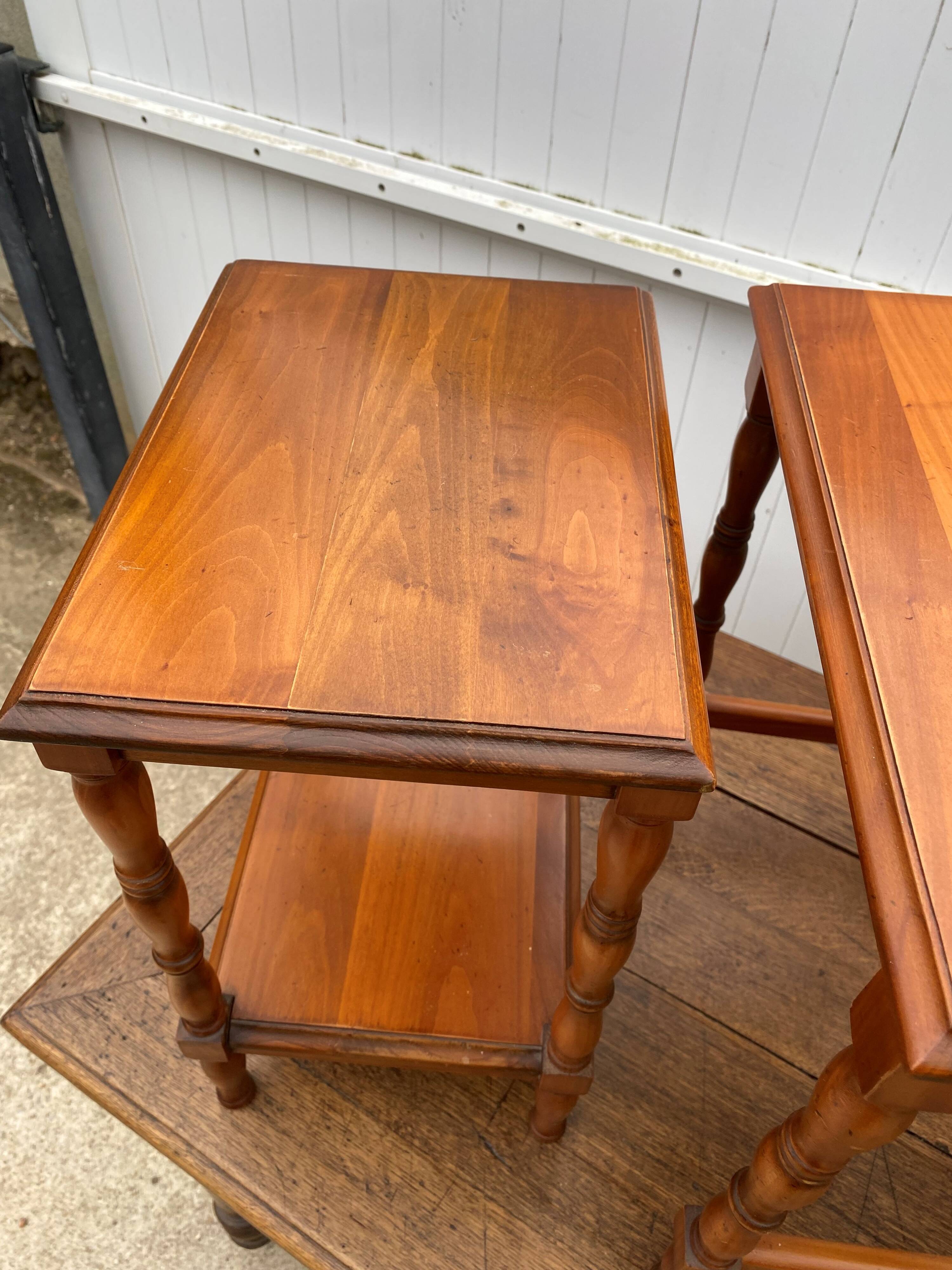 Set of 3 rustic cherry wood nesting coffee tables from the 1950s.