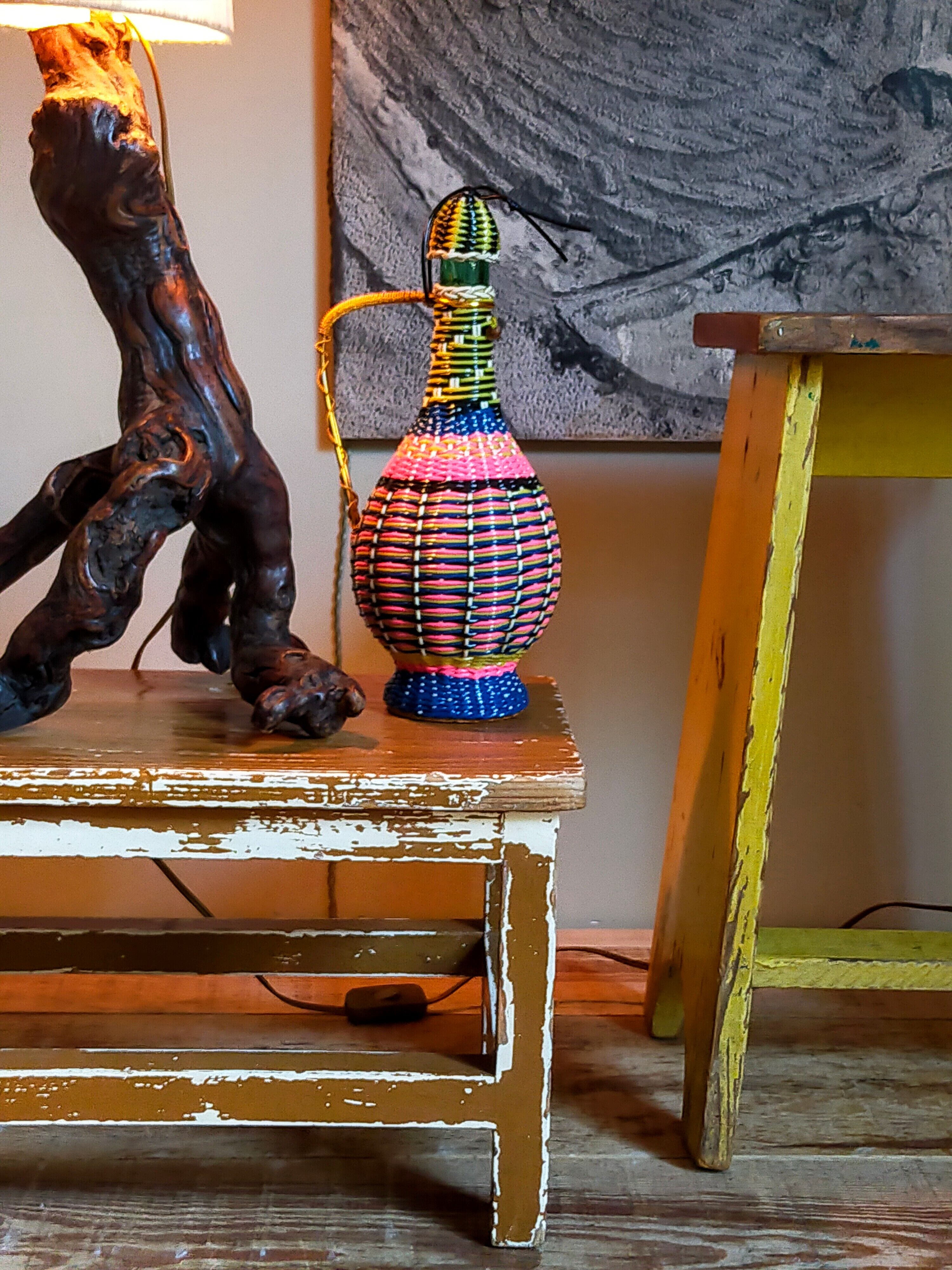 Vintage patinated solid wood side bench