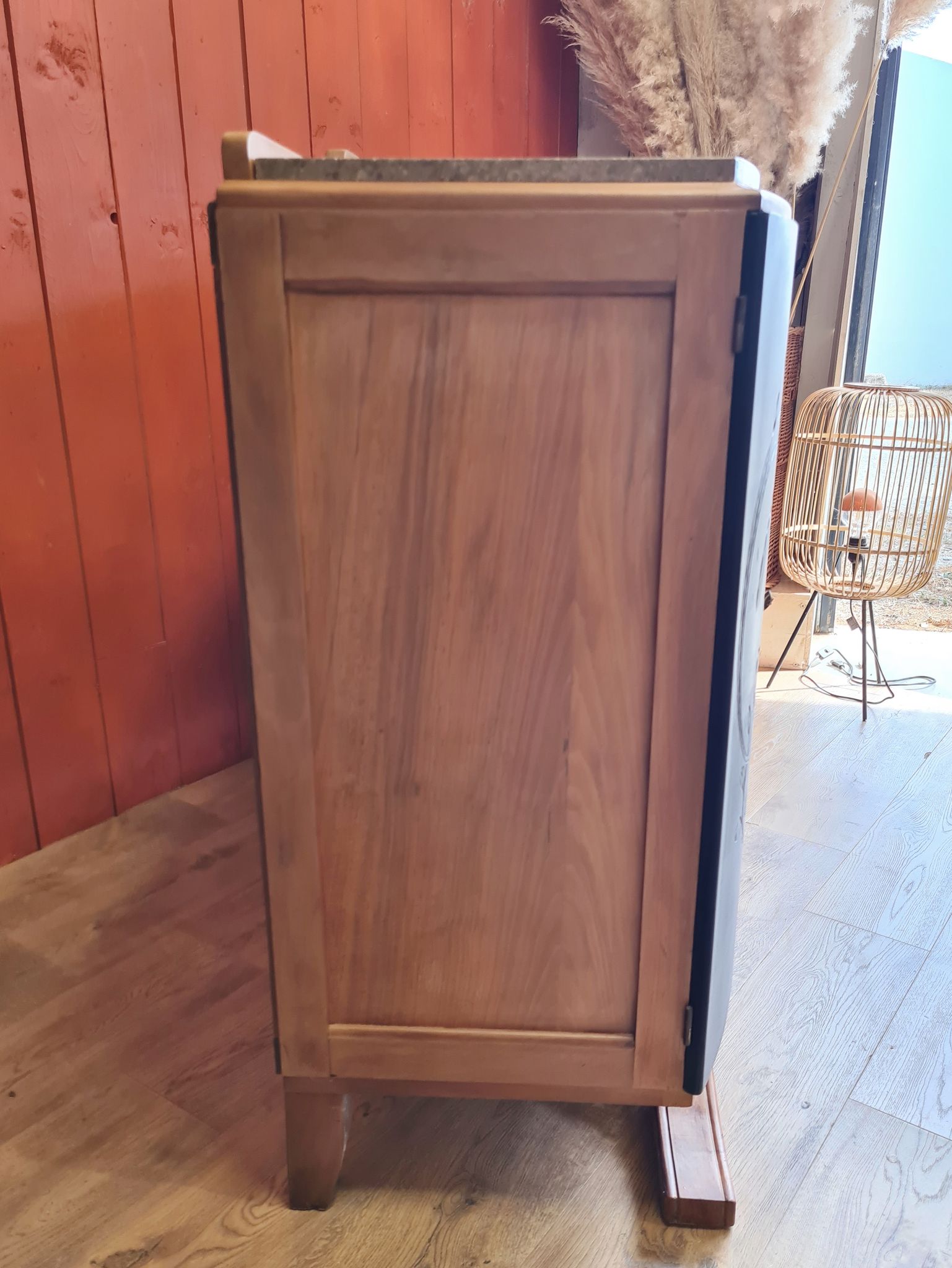 Renovated art deco walnut sideboard with beveled glass door and marble tops