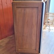 Renovated art deco walnut sideboard with beveled glass door and marble tops
