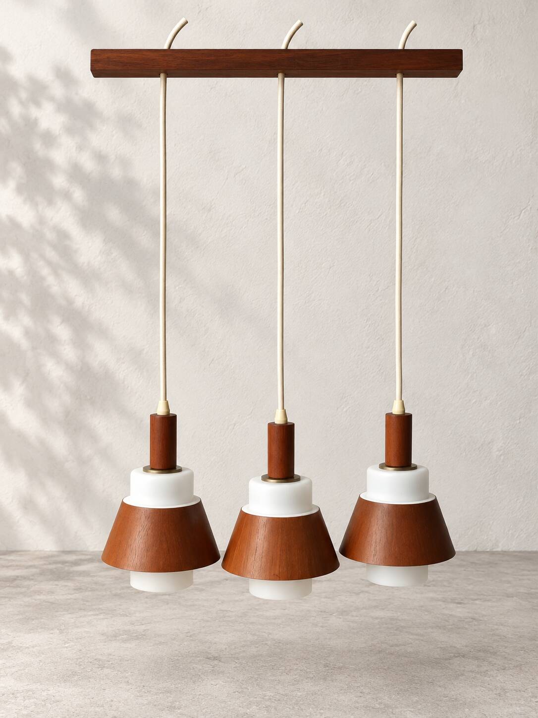 Vintage 3-light suspension in teak and white opaline – 1960s/70s