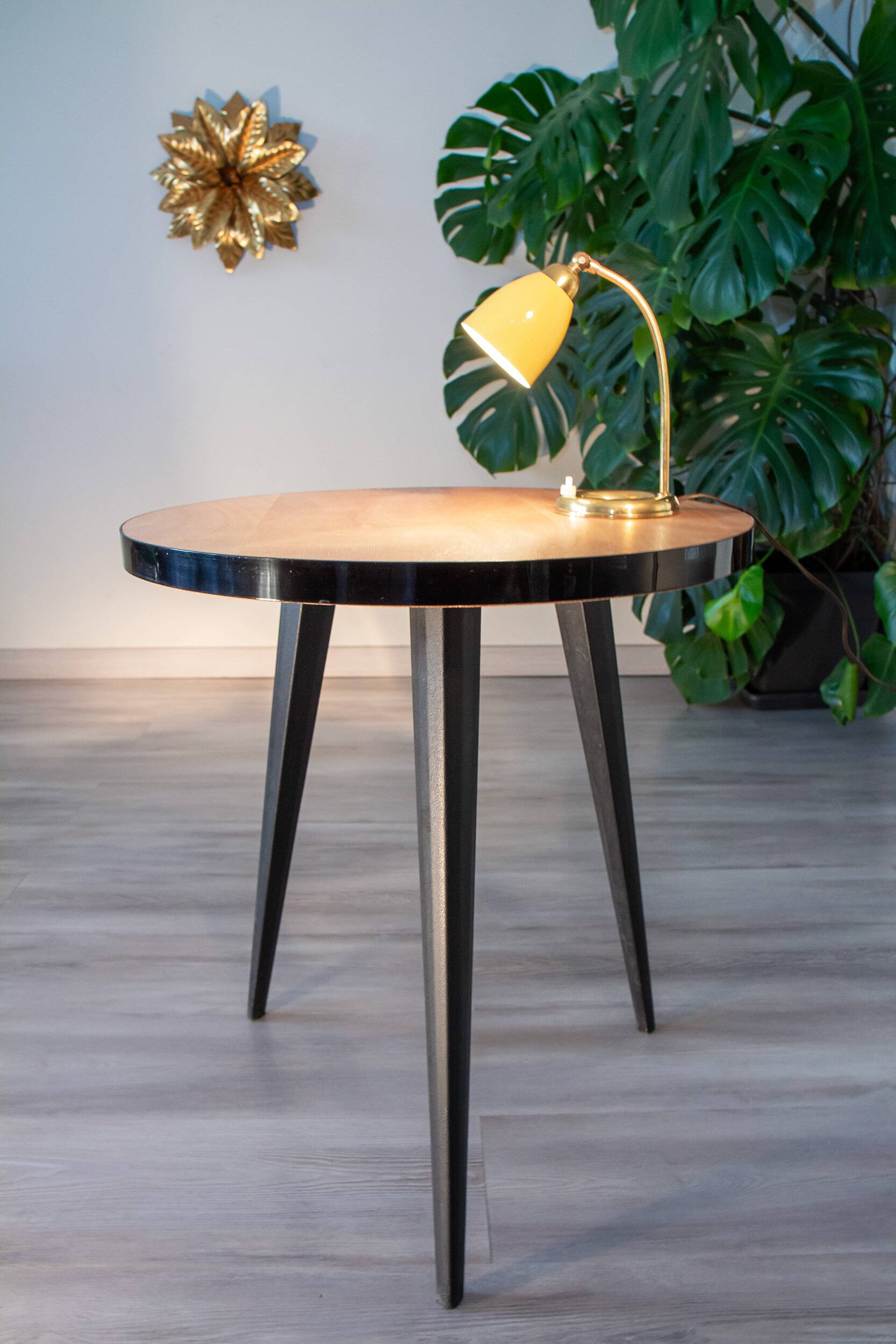 50s tripod pedestal table, side table, wood and coated metal