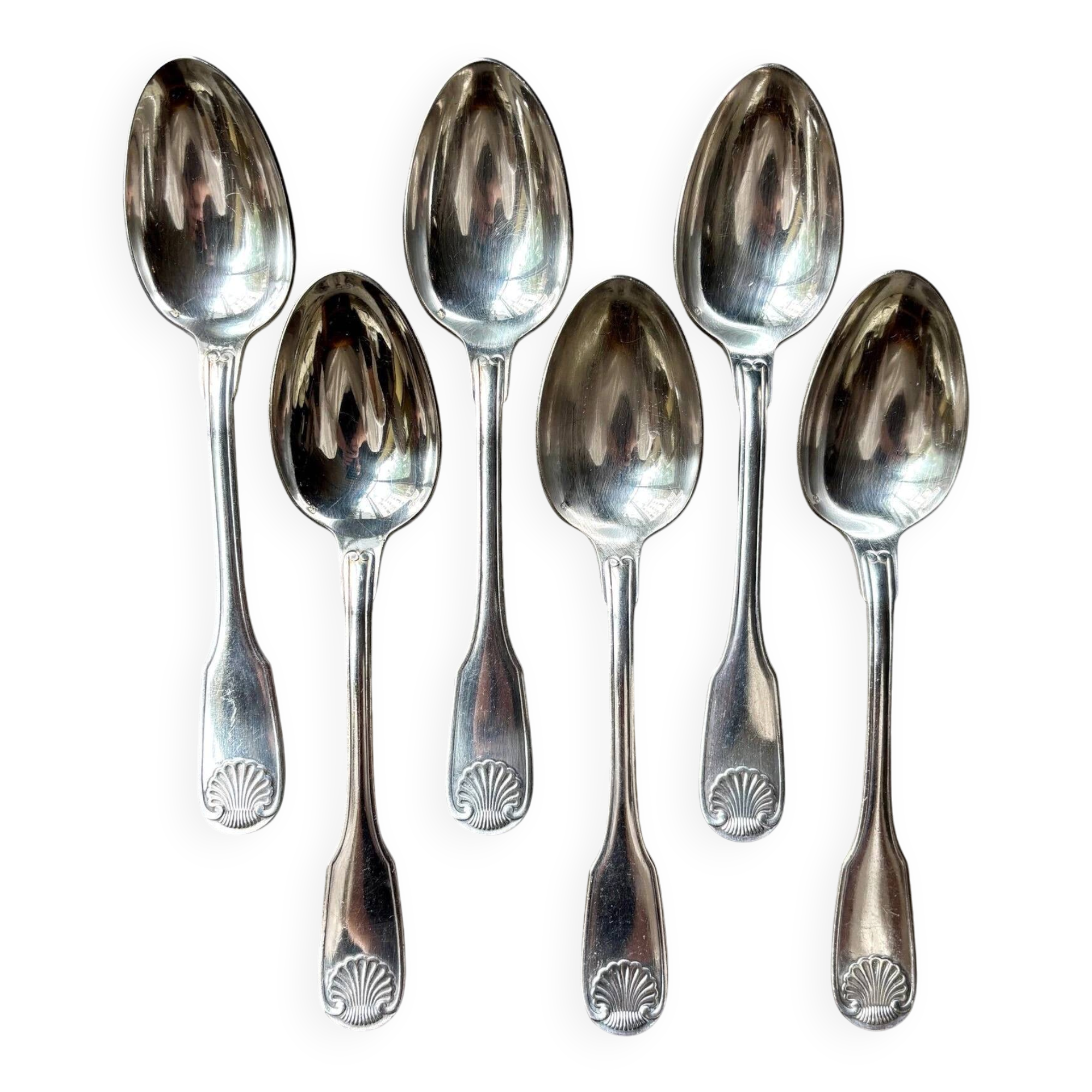 6 large Christofle silver-plated spoons with shell decoration.