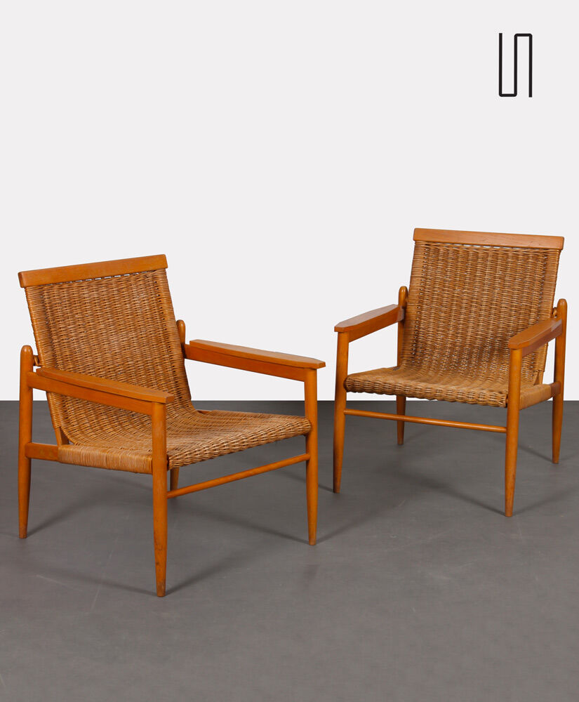 Pair of vintage wicker armchairs published by Uluv, 1960