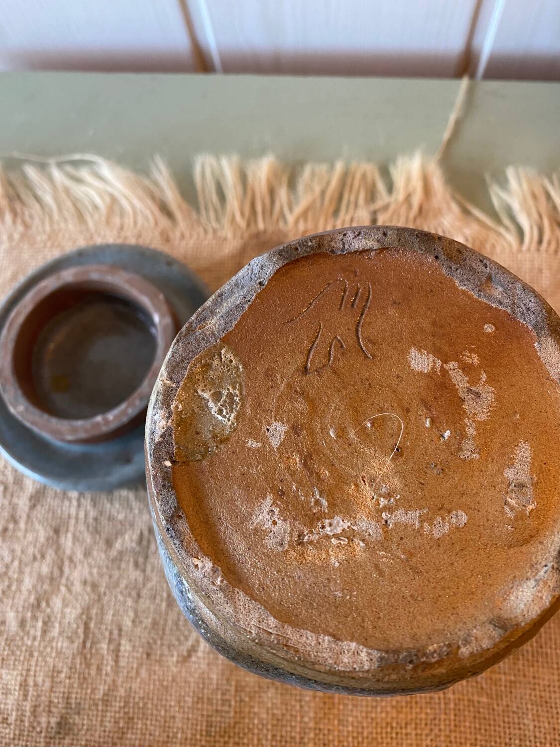 Enameled stoneware pot signed