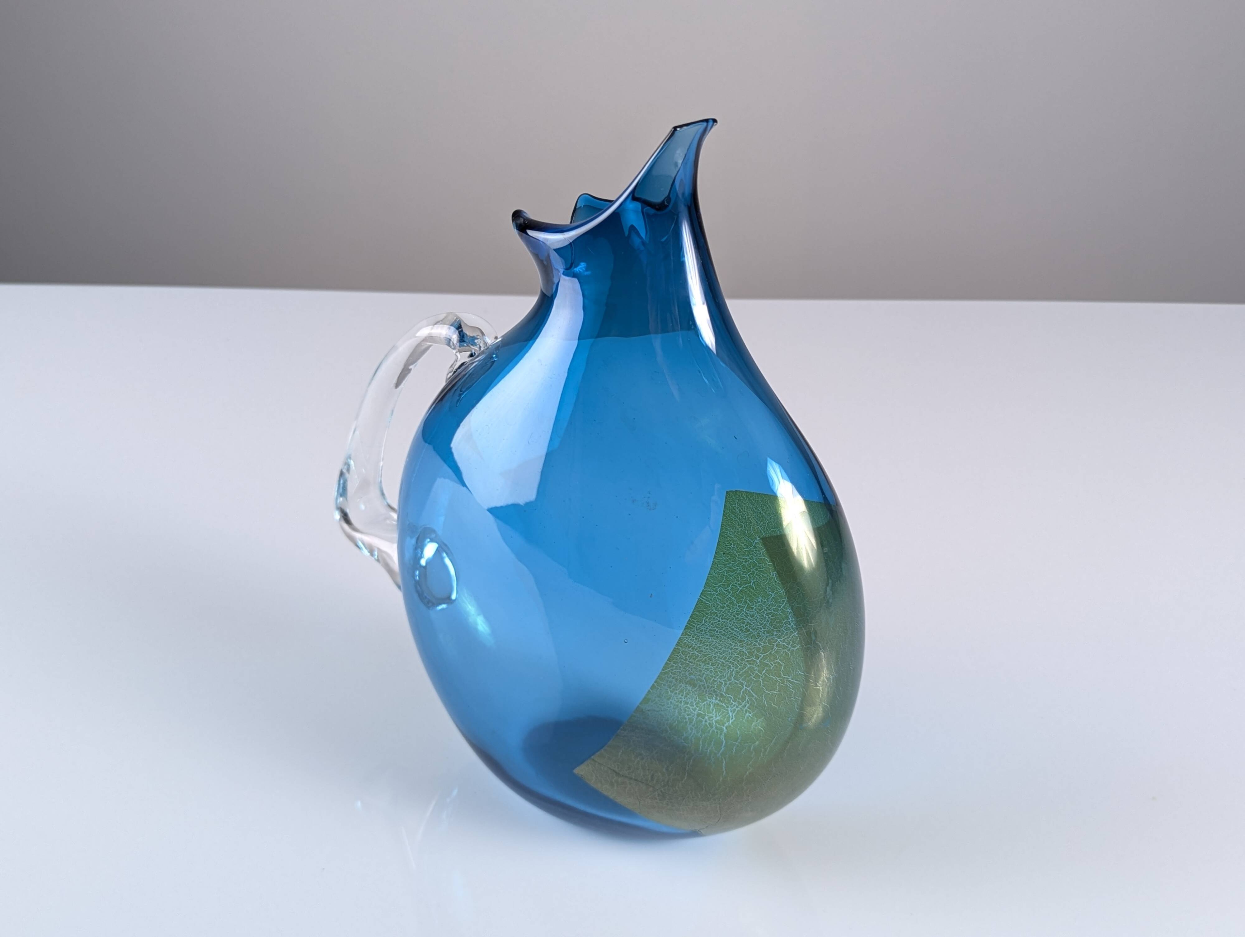Unique Hand-Blown Glass Jug Signed by 20th Century Artisan – Vibrant Blue
